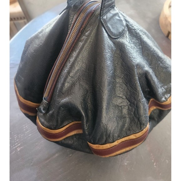 VINTAGE RARE 1970S B BARON BLUE Genuine Leather Handbag Women ROUND HIPPY BLUE - Picture 10 of 16